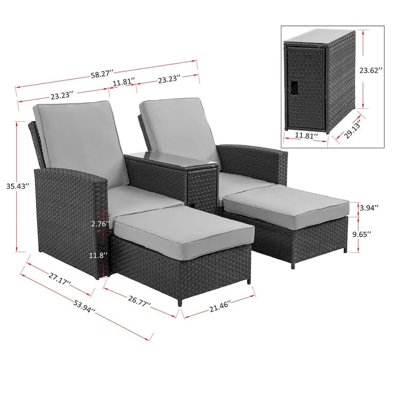 Lot de 5 chaises longues de jardin noires en osier, à dossier inclinable, en promotion