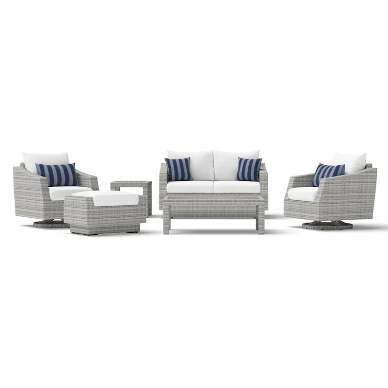 Ensemble de 6 pièces de patio extérieur Cannes Sunbrella : Causeuse et fauteuils club à bascule