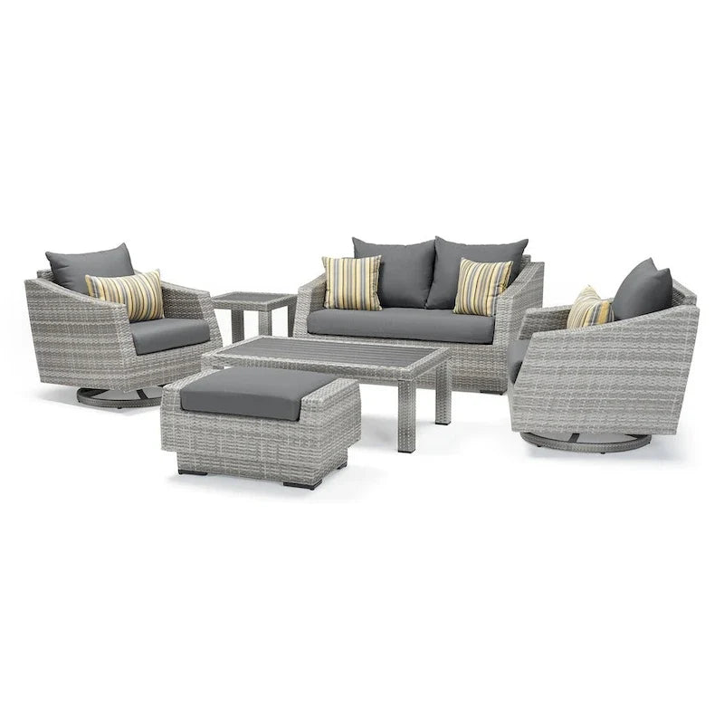 Ensemble de 6 pièces de patio extérieur Cannes Sunbrella : Causeuse et fauteuils club à bascule