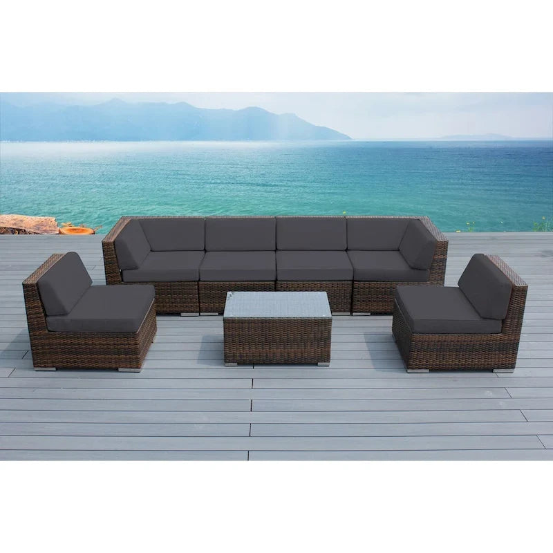 Ohana Patio Extérieur 7 pièces en osier marron mélangé avec coussins - Aucun assemblage requis