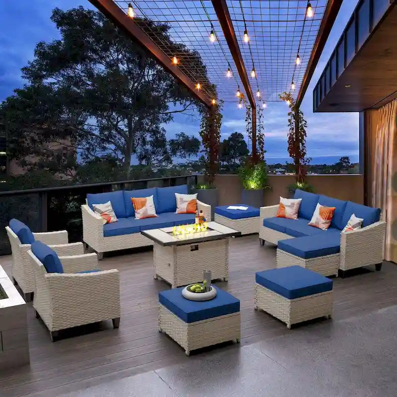 HOOOWOOO Ensemble de 9 pièces de mobilier de jardin en osier avec table brasero