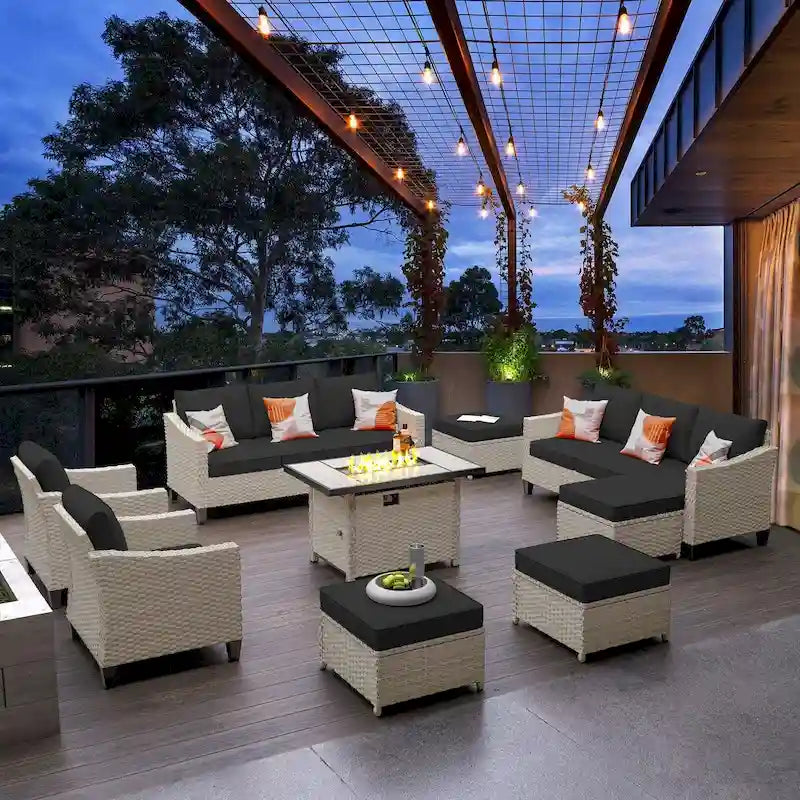 HOOOWOOO Ensemble de 9 pièces de mobilier de jardin en osier avec table brasero