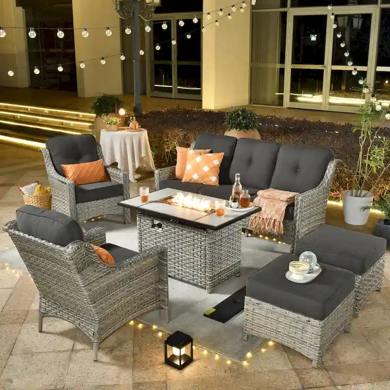 XIZZI 6-piece Rattan Wicker Outdoor Furniture Deep Seat Sofa Set with Fire Pit