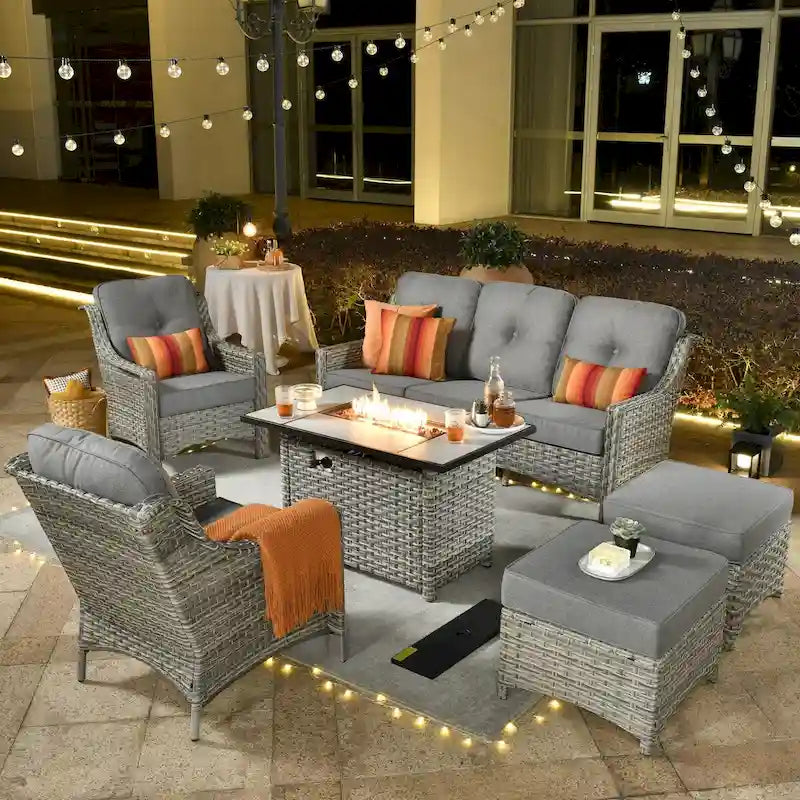 XIZZI 6-piece Rattan Wicker Outdoor Furniture Deep Seat Sofa Set with Fire Pit