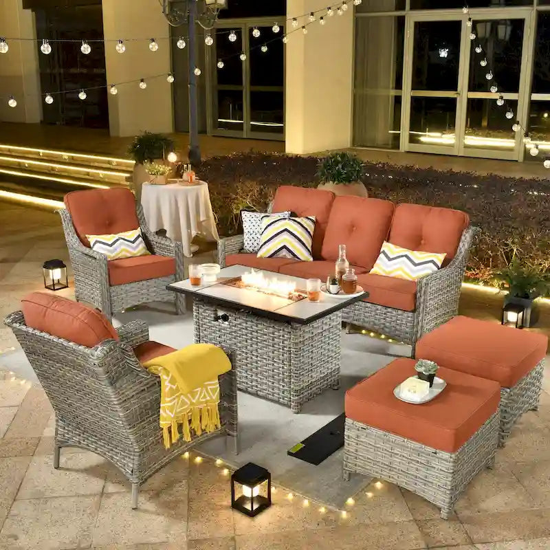 XIZZI 6-piece Rattan Wicker Outdoor Furniture Deep Seat Sofa Set with Fire Pit