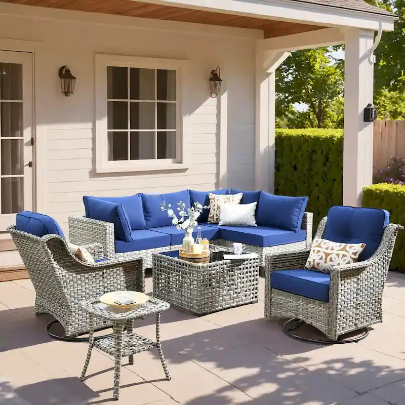 Ensemble de mobilier de jardin extérieur en rotin et osier XIZZI 8 pièces avec chaise pivotante