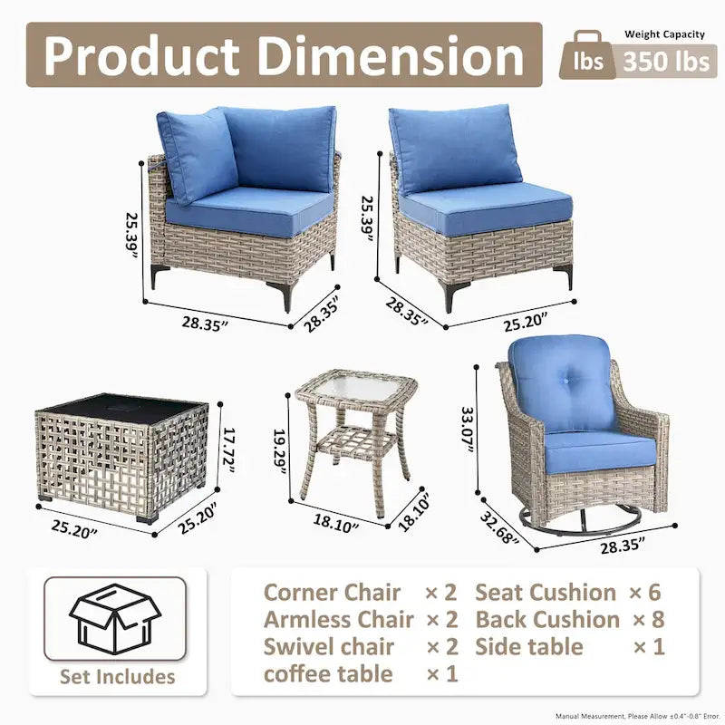 Ensemble de mobilier de jardin extérieur en rotin et osier XIZZI 8 pièces avec chaise pivotante