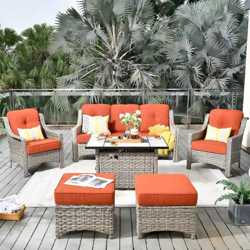 HOOOWOOO Ensemble de meubles de jardin 6 pièces en osier gris avec table brasero