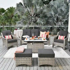HOOOWOOO Ensemble de meubles de jardin 6 pièces en osier gris avec table brasero