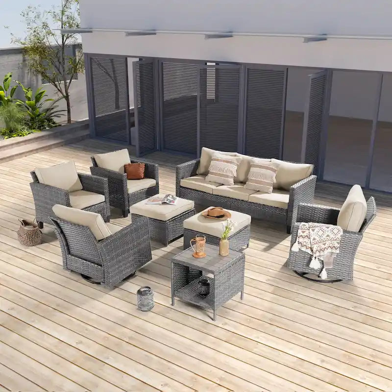 Ensemble de canapé d'extérieur modulable LIVOOSUN 8 pièces avec fauteuils à bascule pivotants et repose-pieds en osier gris