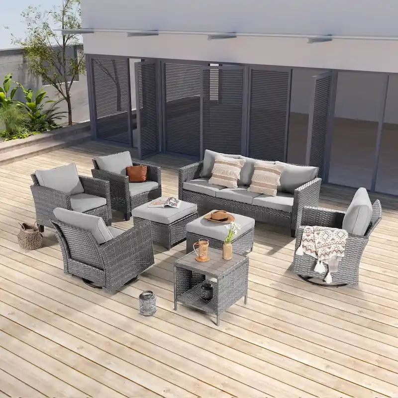 Ensemble de canapé d'extérieur modulable LIVOOSUN 8 pièces avec fauteuils à bascule pivotants et repose-pieds en osier gris