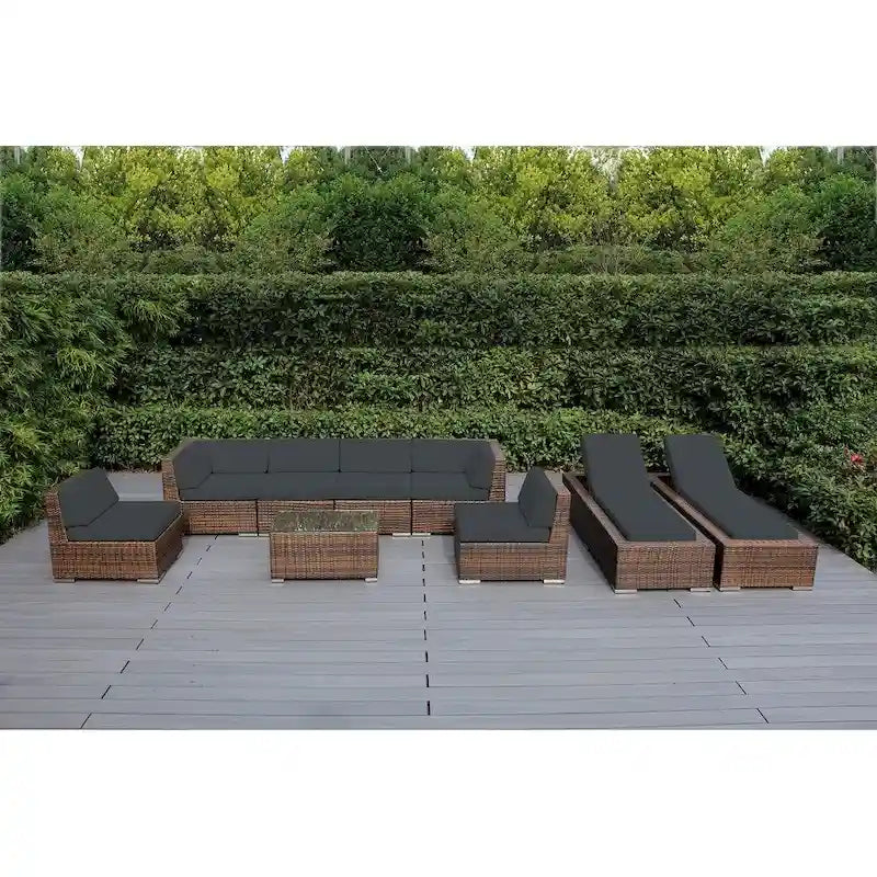Ohana Outdoor Patio 9-piece Mixed Brown Cushioned Wicker Sofa Set - No Assembly