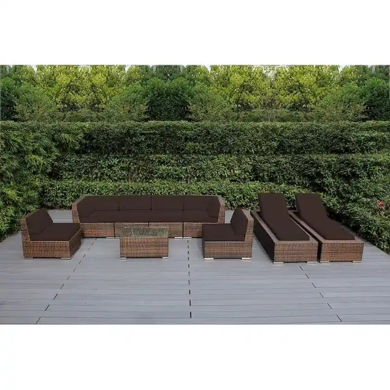 Ohana Outdoor Patio 9-piece Mixed Brown Cushioned Wicker Sofa Set - No Assembly