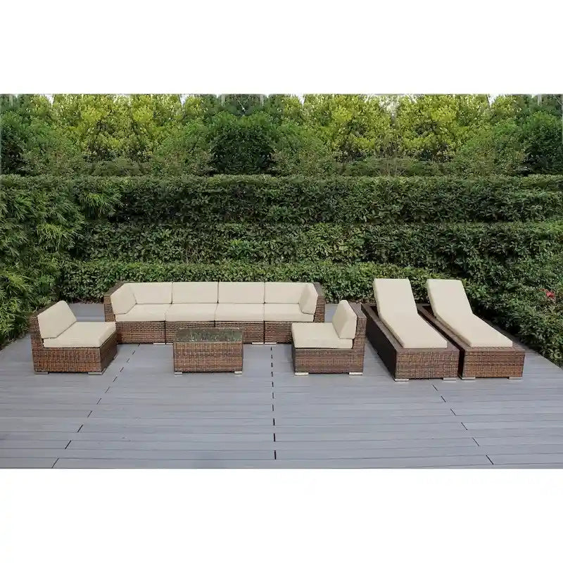 Ohana Outdoor Patio 9-piece Mixed Brown Cushioned Wicker Sofa Set - No Assembly