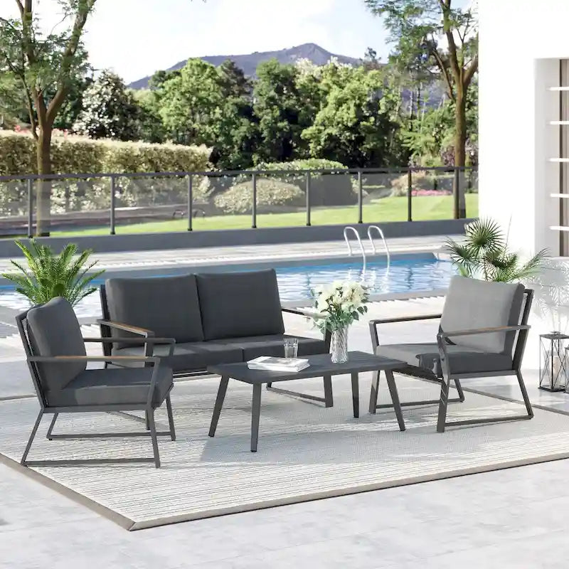 4 Piece Aluminum Patio Conversation Set with Cushions