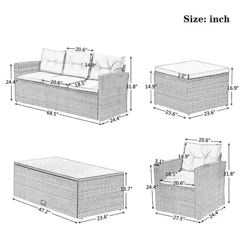 6 PCS Outdoor Patio Set Dining Conversation Sectional Set for 7