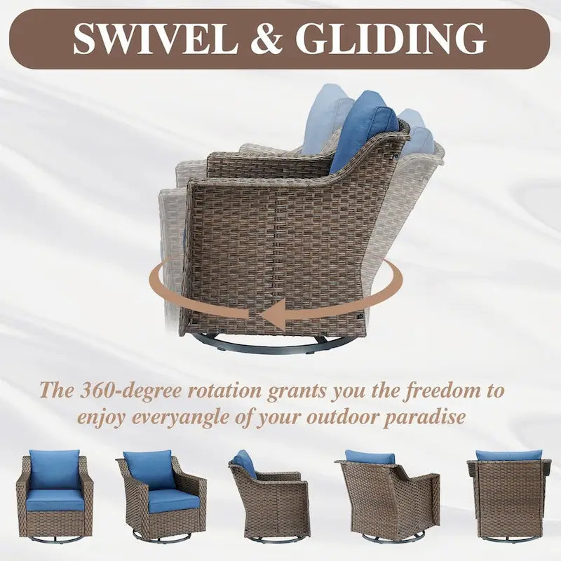 5 Piece Patio Glider Chair with Sofa Ottomans and Table - Brown