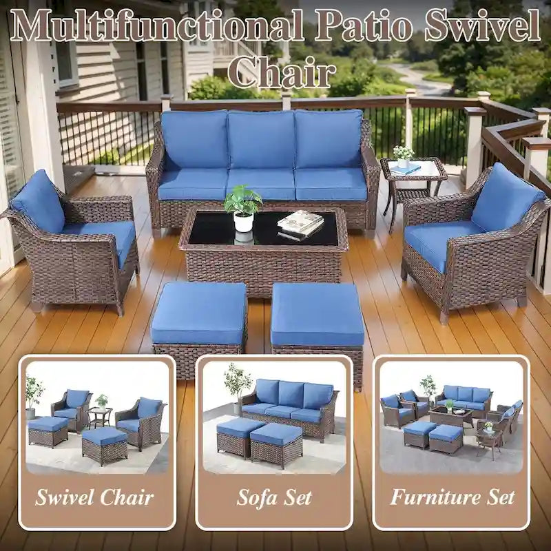 5 Piece Patio Glider Chair with Sofa Ottomans and Table - Brown