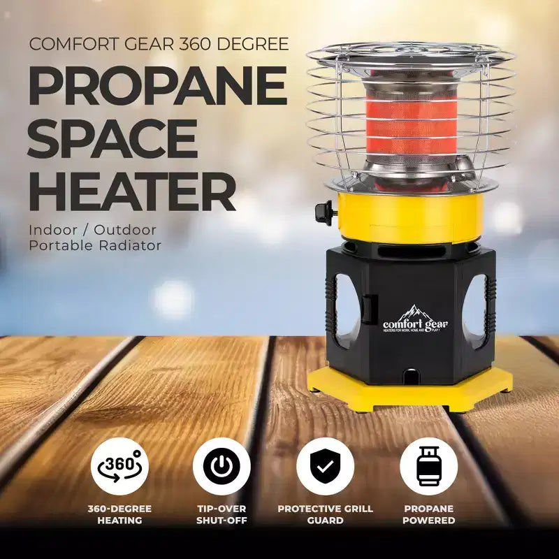 Chauffage d'appoint au propane Comfort Gear à 360 degrés, radiateur portatif intérieur/extérieur de 13 500 à 18 000 BTU pour 450 pieds carrés avec poignée, jaune/noir