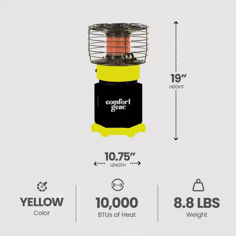 Chauffage au propane portatif Comfort Gear à 360 degrés pour usage intérieur/extérieur, 7 500 à 10 000 BTU, idéal pour terrasse, garage, camping, tente, réservoir de propane de 1 livre