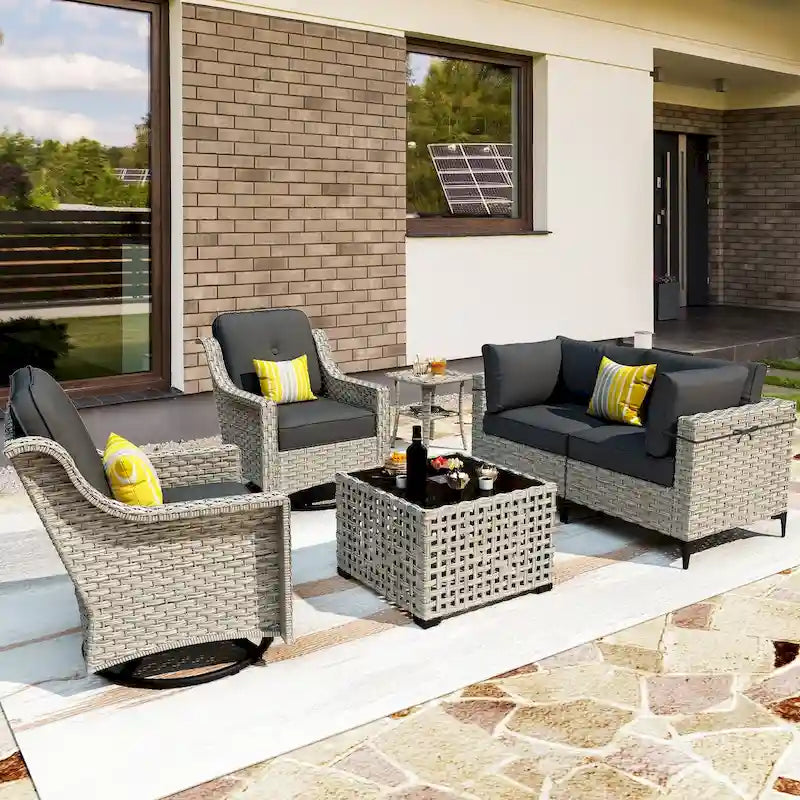Ensemble de 6 chaises pivotantes en osier d'extérieur OVIOS avec table basse à énergie solaire