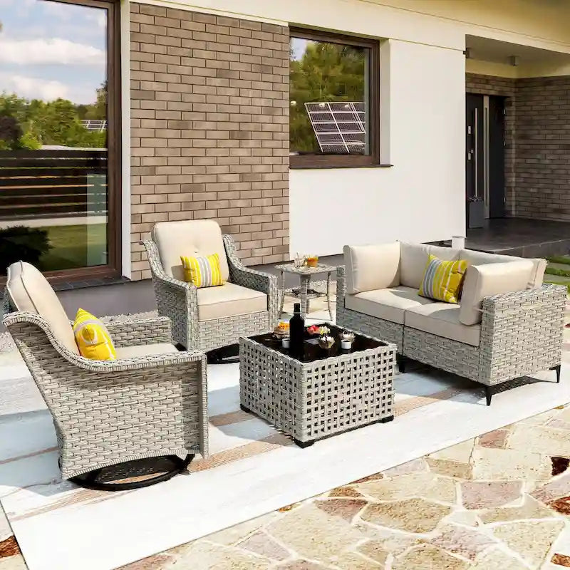 Ensemble de 6 chaises pivotantes en osier d'extérieur OVIOS avec table basse à énergie solaire