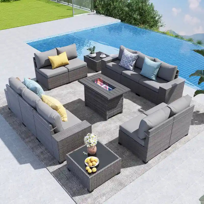 13-Piece 10 Person Patio Free Combination Wicker Conversation Set With Waterproof Cushions and Firepit Table