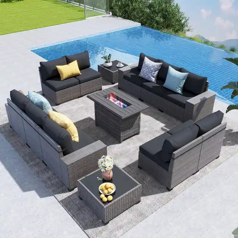 13-Piece 10 Person Patio Free Combination Wicker Conversation Set With Waterproof Cushions and Firepit Table