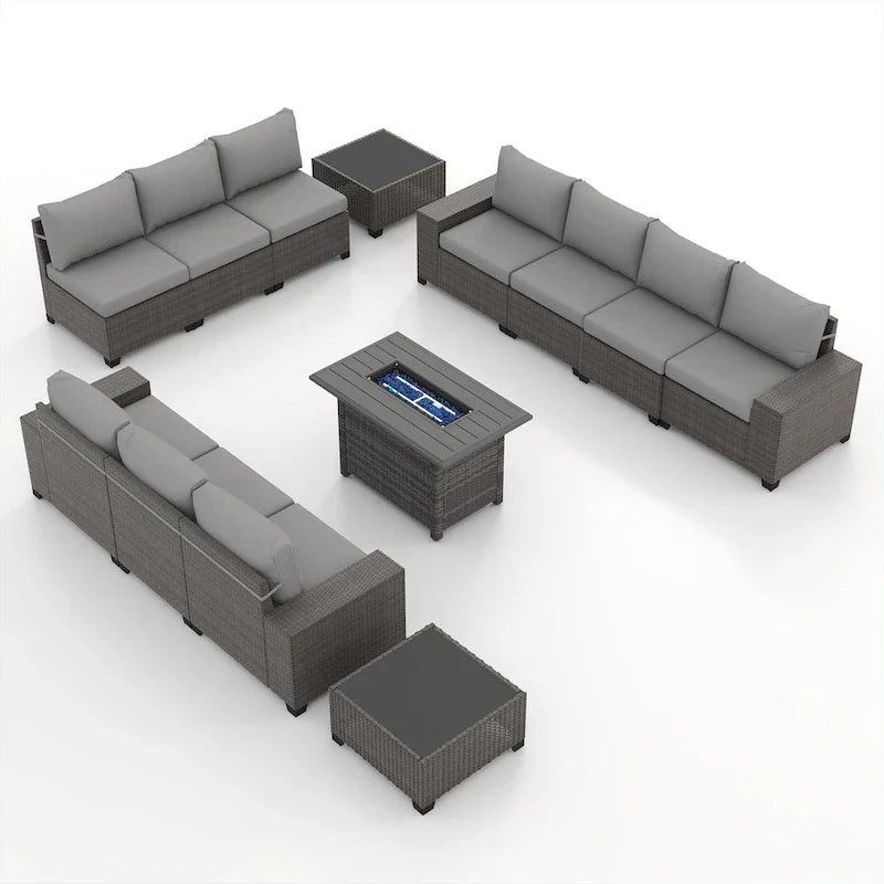 13-Piece 10 Person Patio Free Combination Wicker Conversation Set With Waterproof Cushions and Firepit Table