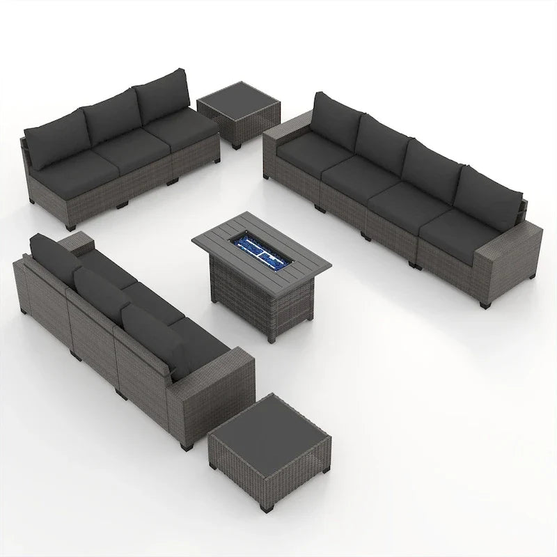 13-Piece 10 Person Patio Free Combination Wicker Conversation Set With Waterproof Cushions and Firepit Table