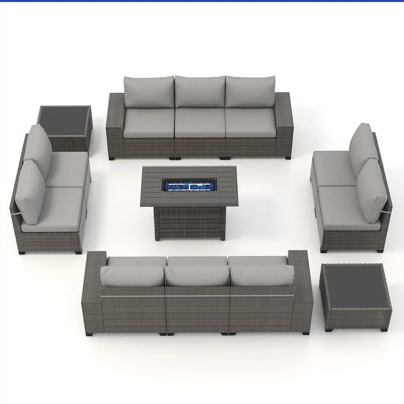 13-Piece 10 Person Patio Free Combination Wicker Conversation Set With Waterproof Cushions and Firepit Table