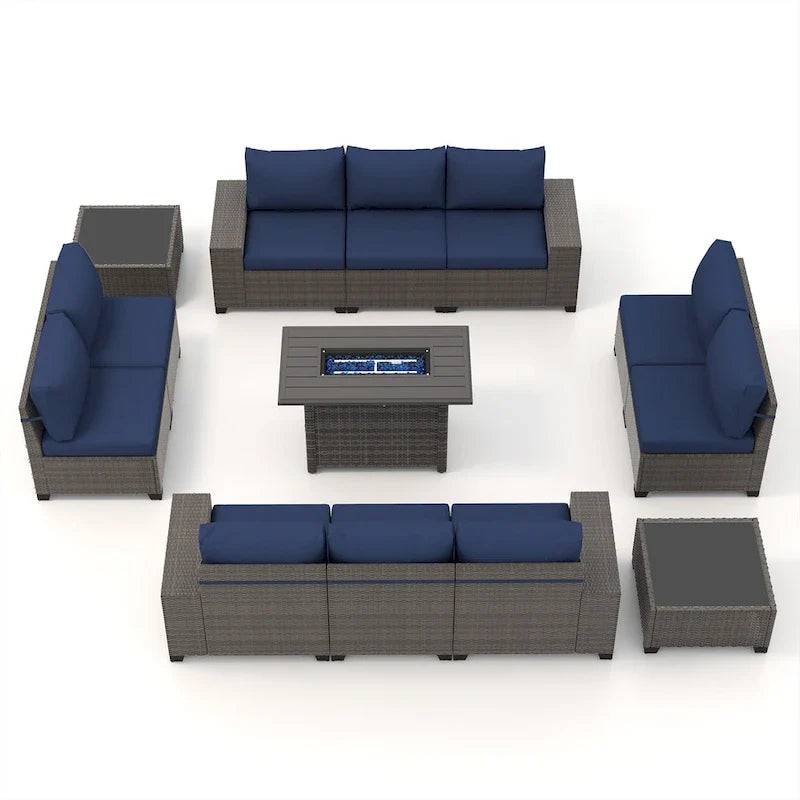13-Piece 10 Person Patio Free Combination Wicker Conversation Set With Waterproof Cushions and Firepit Table