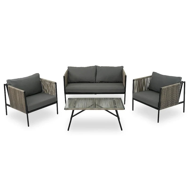 4 PCS Outdoor Rope Patio Set for 4 with Cushions and Glass Table