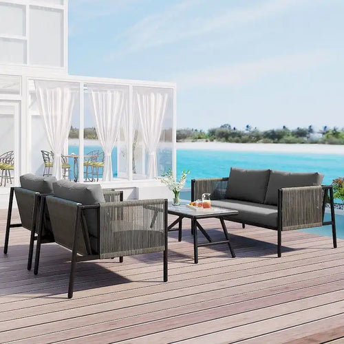 4 PCS Outdoor Rope Patio Set for 4 with Cushions and Glass Table