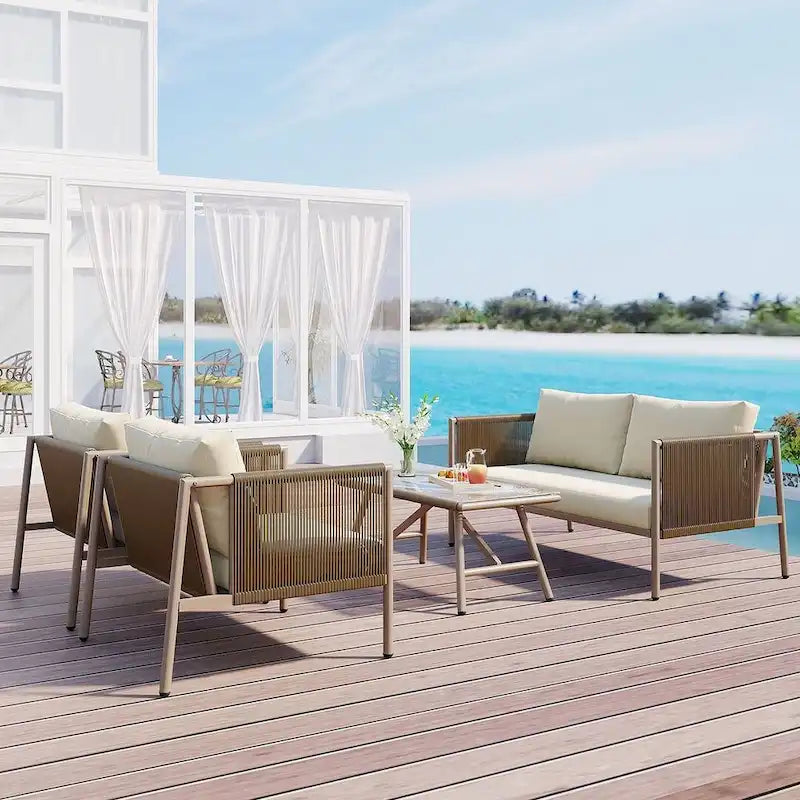 4 PCS Outdoor Rope Patio Set for 4 with Cushions and Glass Table
