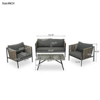 Ensemble de patio en corde d'extérieur 4 pièces pour 4 personnes avec coussins et table en verre