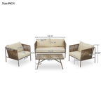 Ensemble de patio en corde d'extérieur 4 pièces pour 4 personnes avec coussins et table en verre