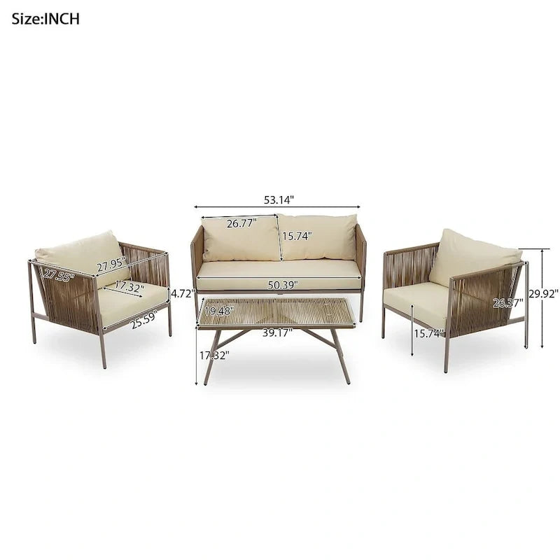 4 PCS Outdoor Rope Patio Set for 4 with Cushions and Glass Table