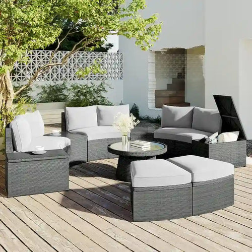 Ensemble de canapé d'extérieur demi-rond en rotin de 10 pièces, mobilier de conversation en osier PE pour combinaison libre