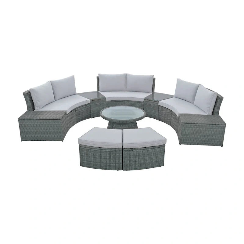 10-Piece Outdoor Sectional Half Round Patio Rattan Sofa Set, PE Wicker Conversation Furniture Set for Free Combination