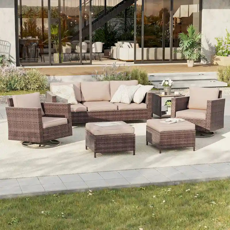 BONOSUKI Salon de jardin pivotant 6 pièces en rotin marron avec table d'appoint