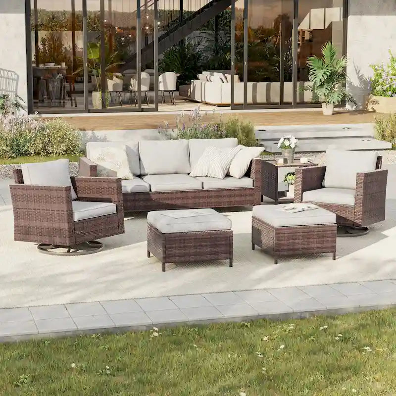 BONOSUKI Salon de jardin pivotant 6 pièces en rotin marron avec table d'appoint