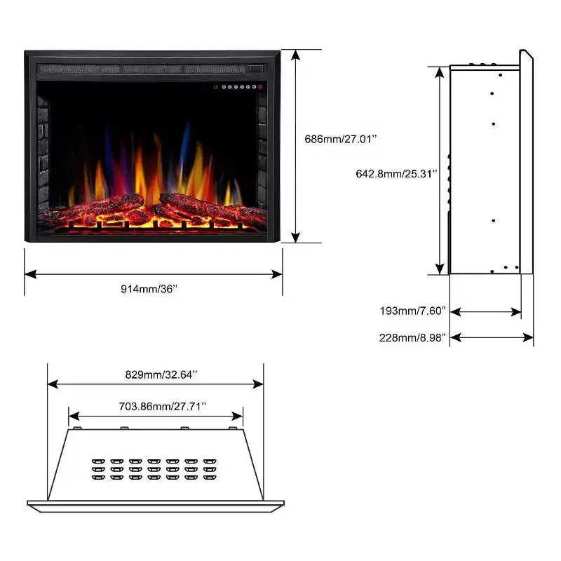 Insert de cheminée électrique R.W.FLAME, poêle chauffant électrique encastrable et sur pied, flamme réglable avec bûches décoratives et écran tactile