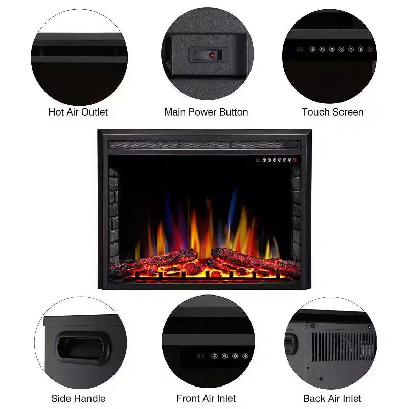 Insert de cheminée électrique R.W.FLAME, poêle chauffant électrique encastrable et sur pied, flamme réglable avec bûches décoratives et écran tactile