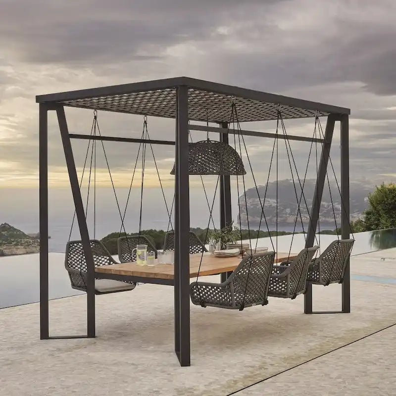 Pergola Skyline Design Horizon avec lampe, chaises suspendues et table en teck