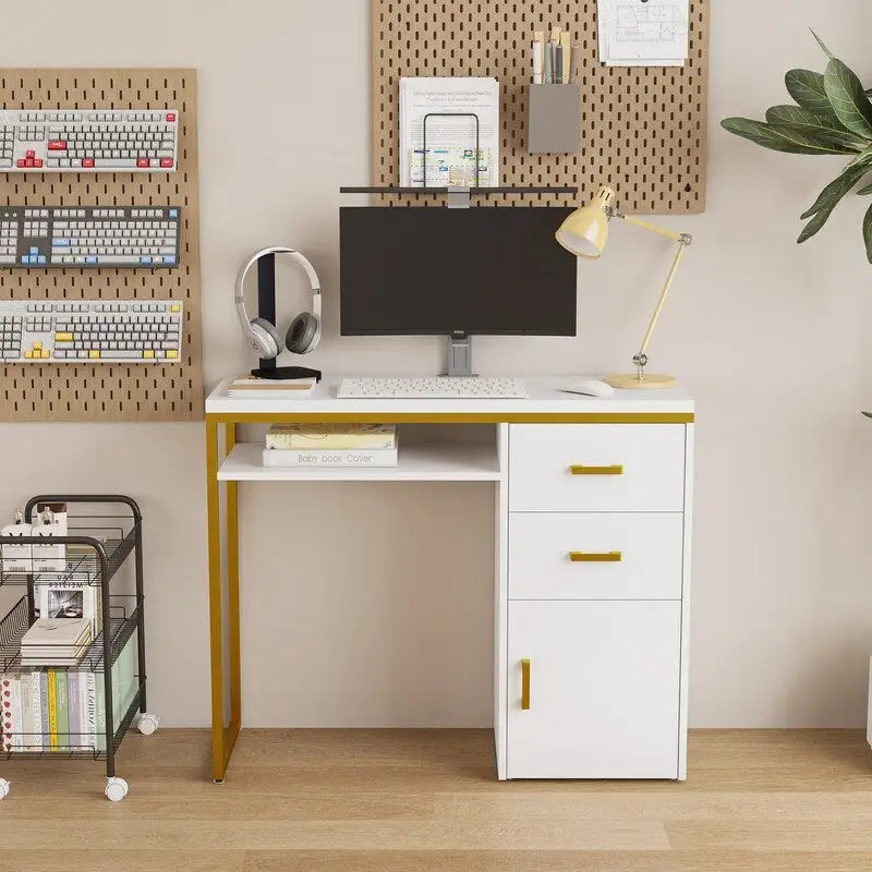 38.19 W Particle Board Computer Desk Manicure Table with 2 Drawers and 1 Cabinet