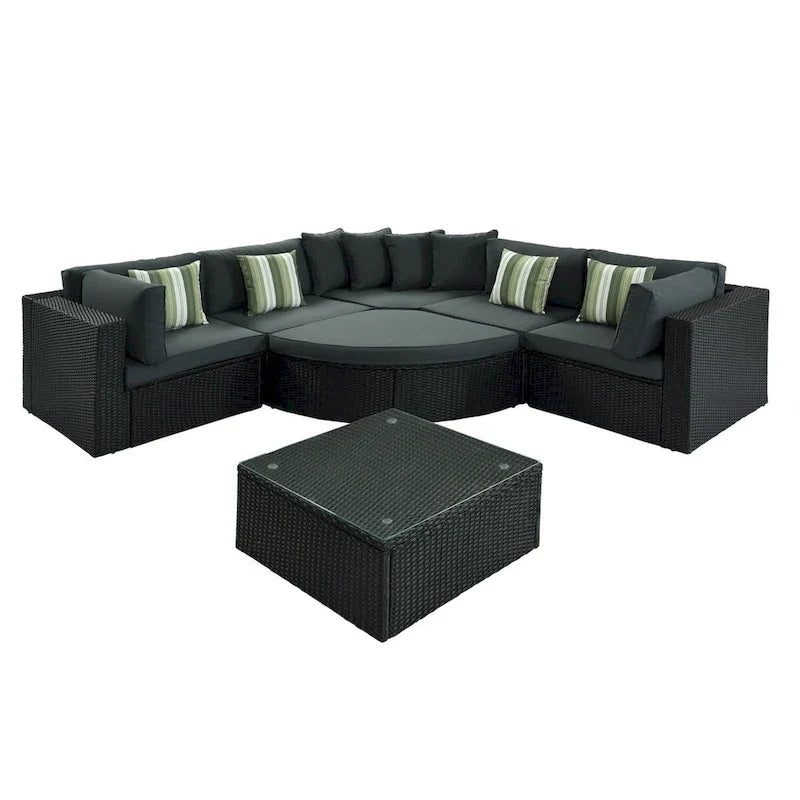 7 Pieces Outdoor Wicker Reversible Patio Sectional with Table, Cushions, and Pillows - 94.1 x 94.1