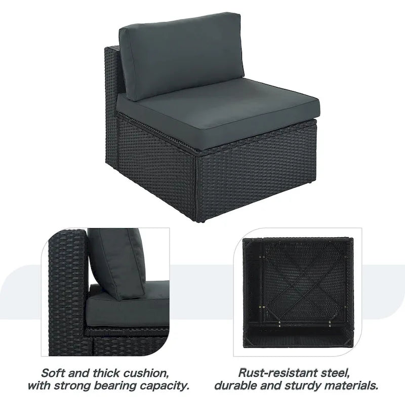 7 Pieces Outdoor Wicker Reversible Patio Sectional with Table, Cushions, and Pillows - 94.1 x 94.1