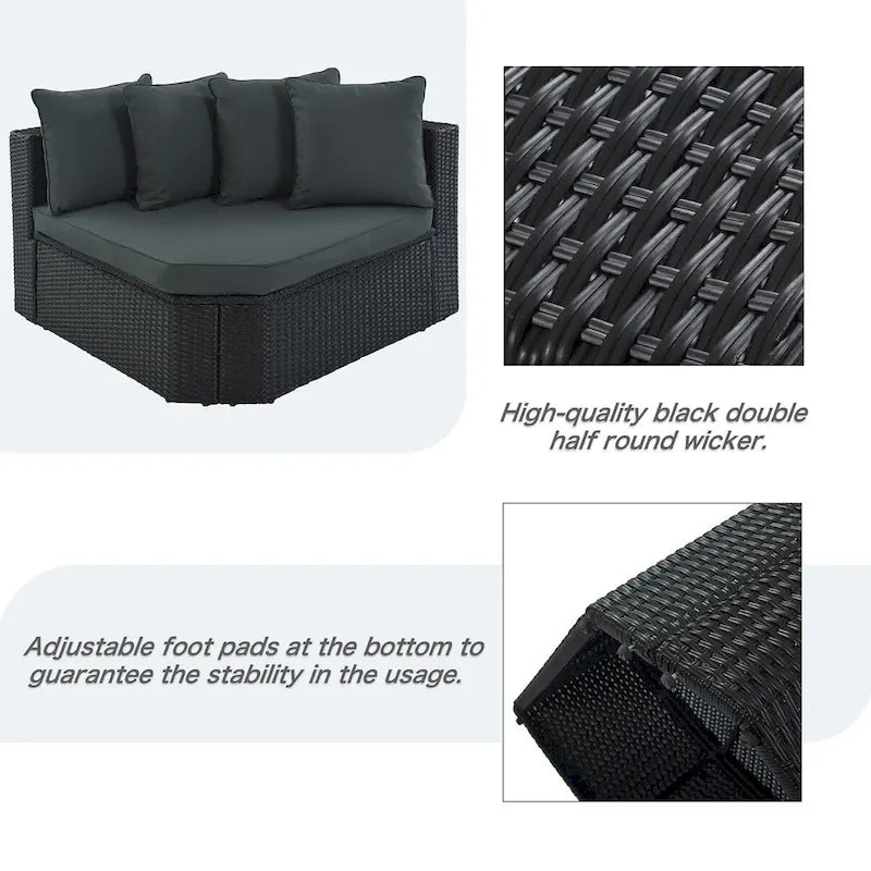 7 Pieces Outdoor Wicker Reversible Patio Sectional with Table, Cushions, and Pillows - 94.1 x 94.1