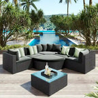 7 Pieces Outdoor Wicker Reversible Patio Sectional with Table, Cushions, and Pillows - 94.1 x 94.1